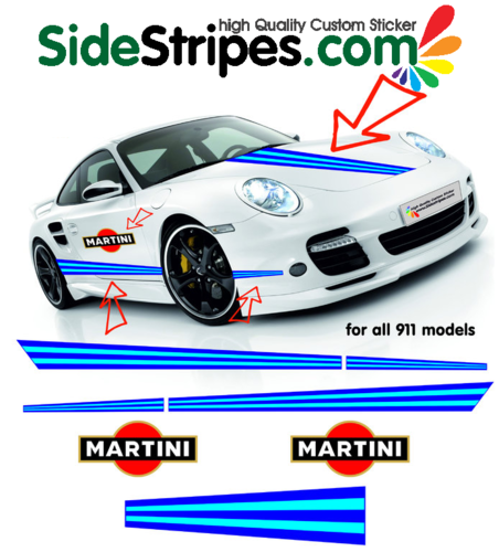 Martini Racing Seitenstreifen - Martini Logo + Hauben Aufkleber Dekor alle Porsche 911 Mod. Art 6003