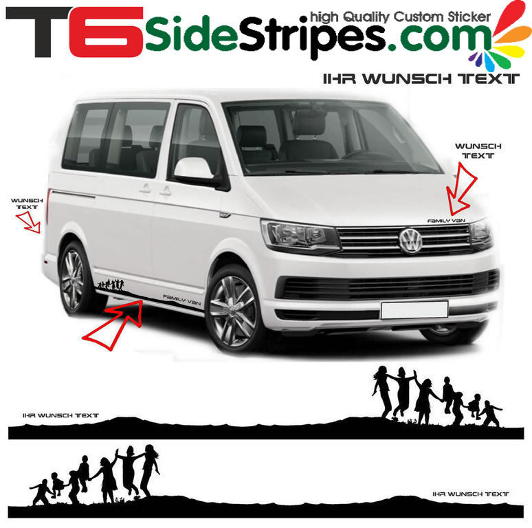 VW BUS T6 Kinder Family WUNSCH TEXT Seitenstreifen Aufkleber Dekor Set - Art.Nr.: 7841